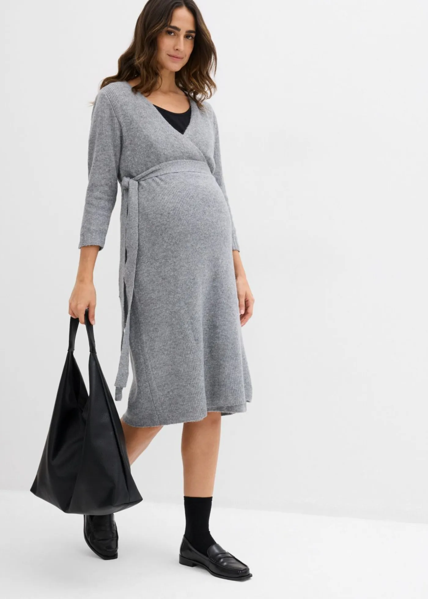 bonprix bonprix Vestido de punto suave para el embarazo y la lactancia con mangas 3/4 Marrón jaspeado Clearance