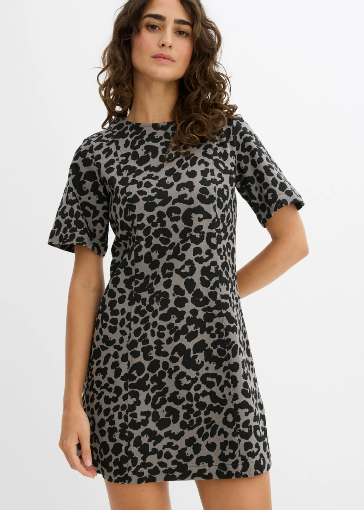 bonprix bonprix Vestido de sarga de algodón puro estampado leo gris/negro Outlet