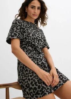 bonprix bonprix Vestido de sarga de algodón puro estampado leo gris/negro Outlet