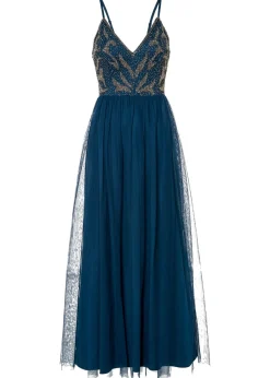 bonprix bonprix Vestido de tirantes con bordado de perlas Petróleo azul/plateado Outlet