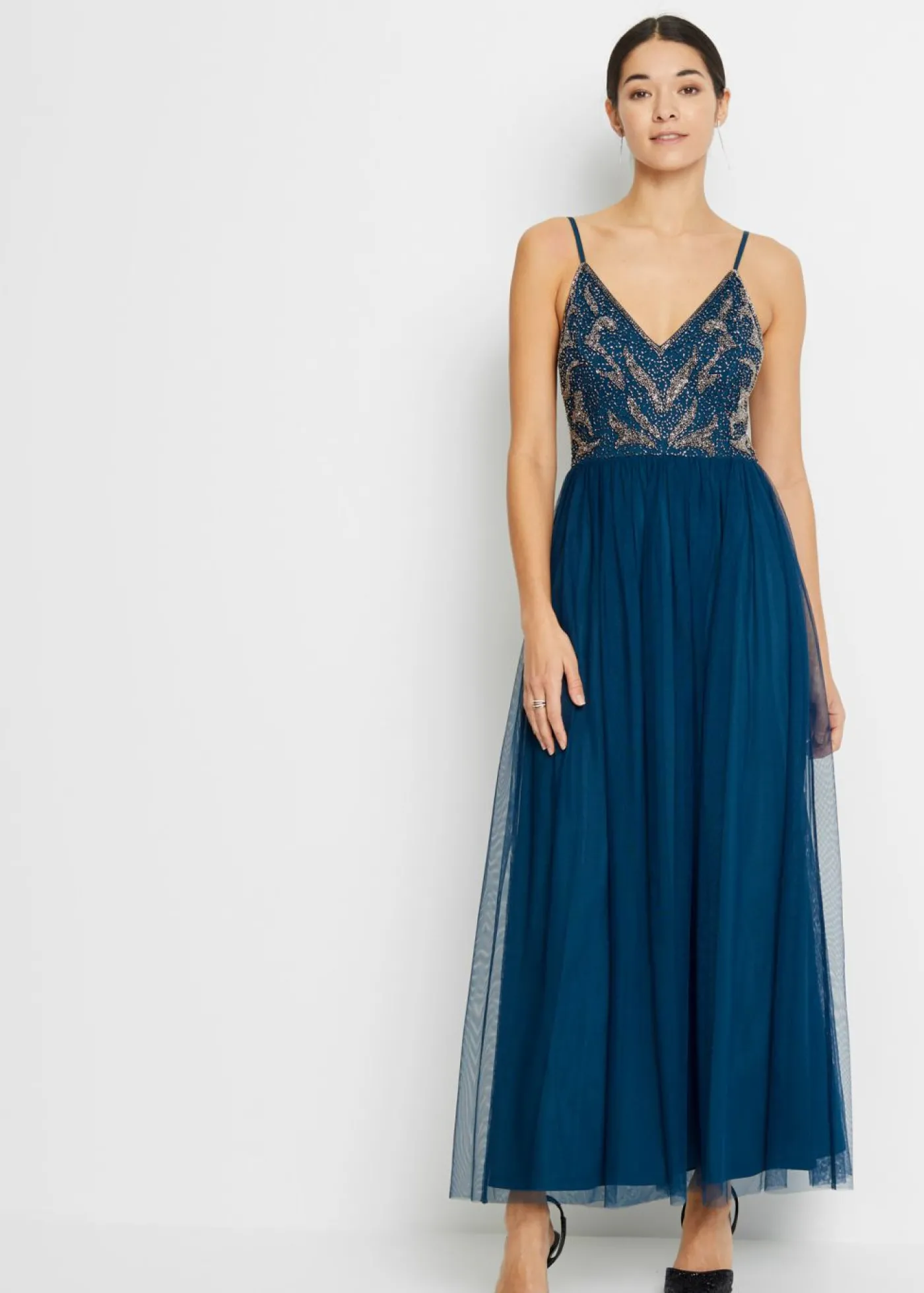 bonprix bonprix Vestido de tirantes con bordado de perlas Petróleo azul/plateado Outlet