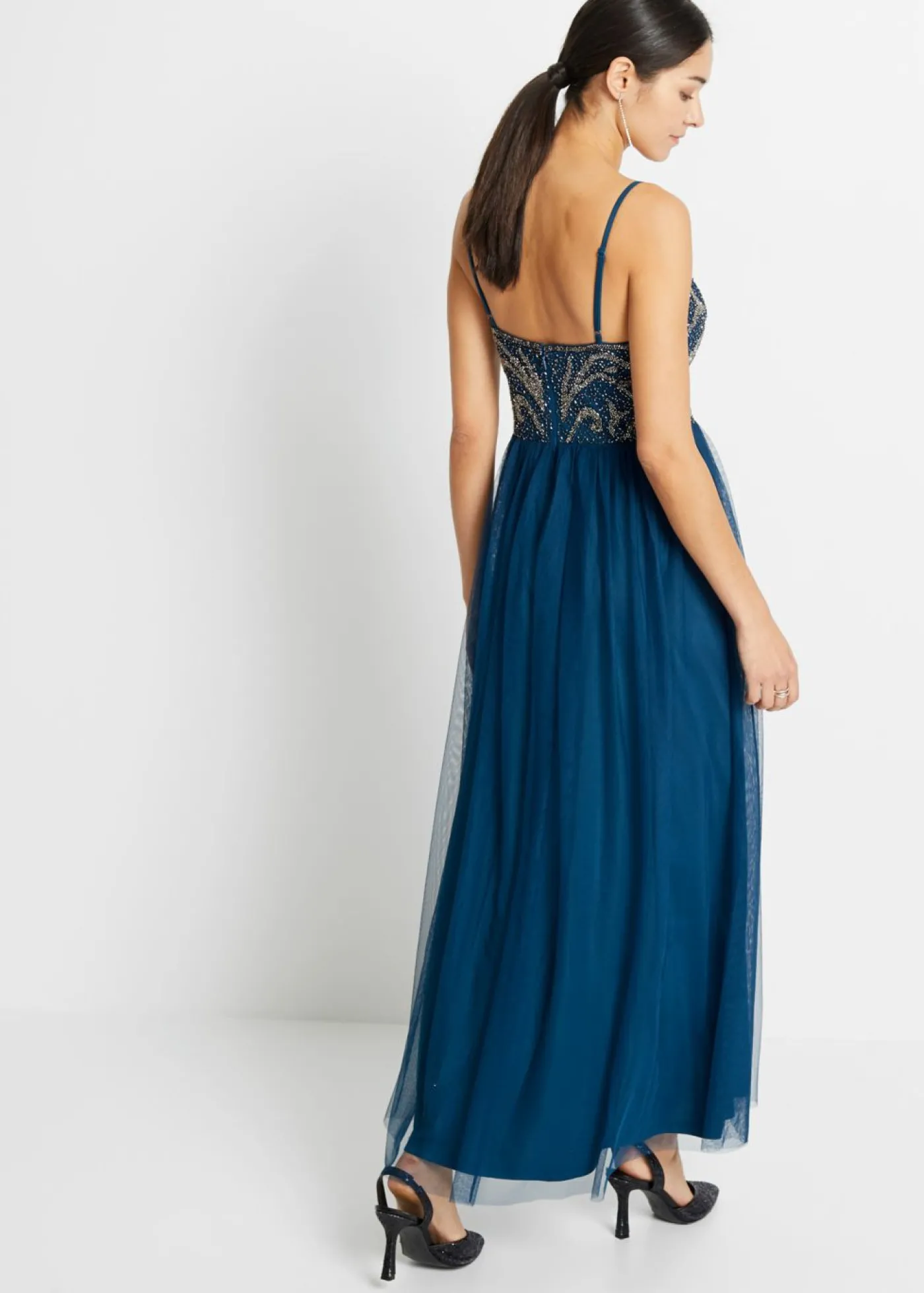 bonprix bonprix Vestido de tirantes con bordado de perlas Petróleo azul/plateado Outlet