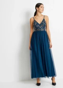 bonprix bonprix Vestido de tirantes con bordado de perlas Petróleo azul/plateado Outlet