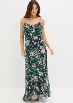 bonprix bonprix Vestido de tirantes de malla suave Negro con flores