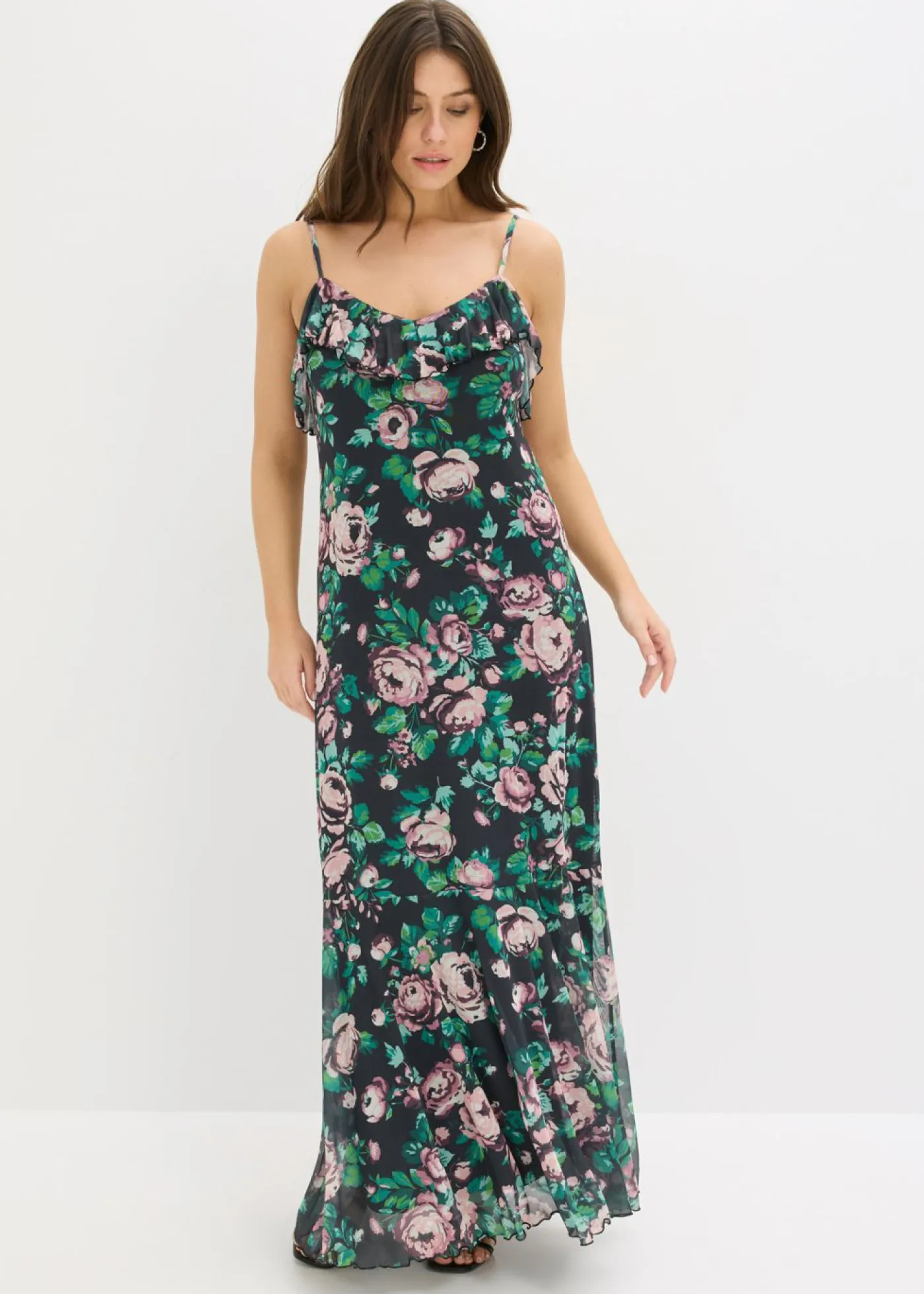 bonprix bonprix Vestido de tirantes de malla suave Negro con flores