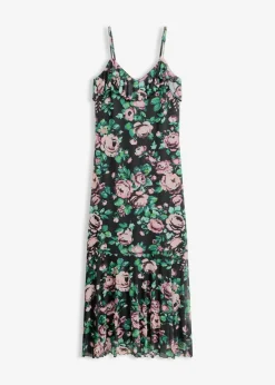 bonprix bonprix Vestido de tirantes de malla suave Negro con flores Online