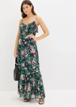 bonprix bonprix Vestido de tirantes de malla suave Negro con flores Online