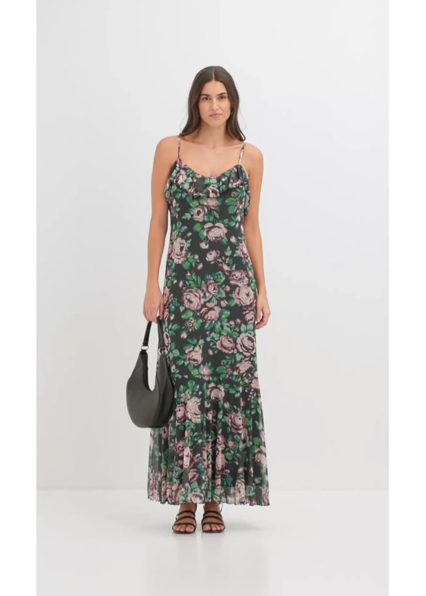 bonprix bonprix Vestido de tirantes de malla suave Negro con flores Online