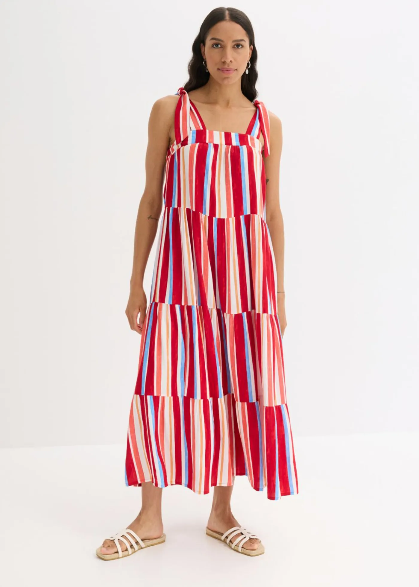 bonprix bonprix Vestido de tirantes de viscosa estructurada de rayas rojo amapola-salmón claro-blanco con rayas Sale