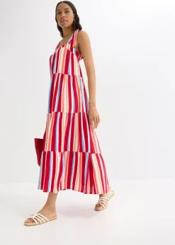 bonprix bonprix Vestido de tirantes de viscosa estructurada de rayas rojo amapola-salmón claro-blanco con rayas Sale