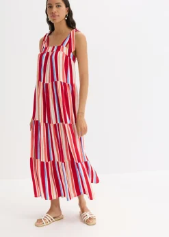 bonprix bonprix Vestido de tirantes de viscosa estructurada de rayas rojo amapola-salmón claro-blanco con rayas Sale