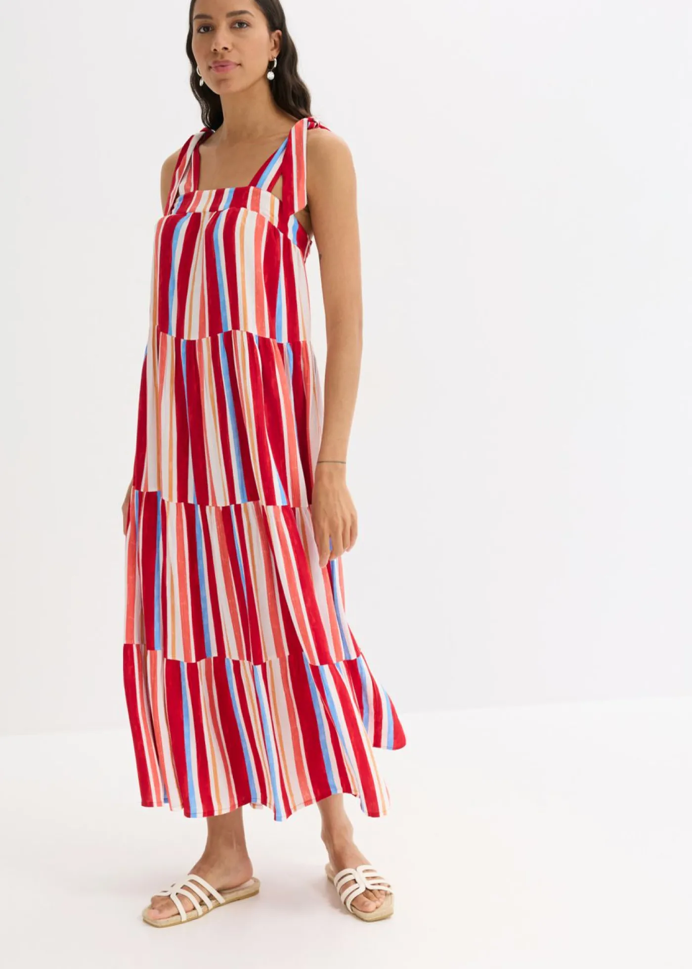 bonprix bonprix Vestido de tirantes de viscosa estructurada de rayas rojo amapola-salmón claro-blanco con rayas Sale