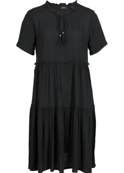 bonprix bonprix Vestido de viscosa arrugada hasta la rodilla con detalle en el escote Negro New