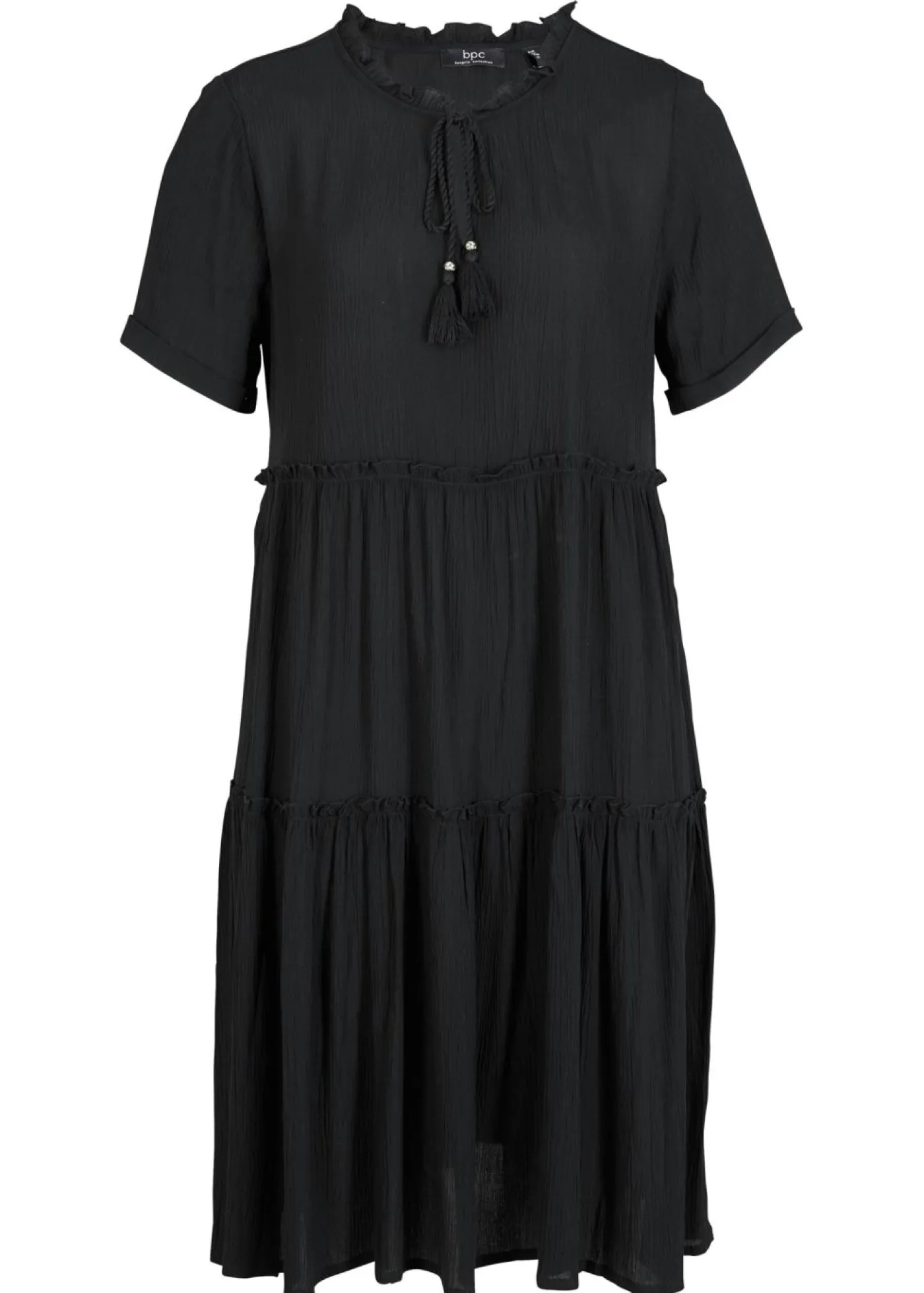 bonprix bonprix Vestido de viscosa arrugada hasta la rodilla con detalle en el escote Negro New