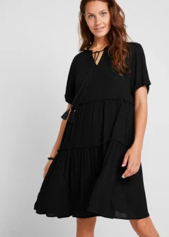 bonprix bonprix Vestido de viscosa arrugada hasta la rodilla con detalle en el escote Negro New