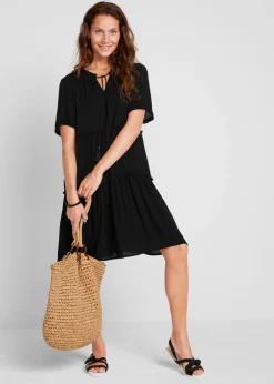 bonprix bonprix Vestido de viscosa arrugada hasta la rodilla con detalle en el escote Negro New