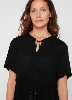 bonprix bonprix Vestido de viscosa arrugada hasta la rodilla con detalle en el escote Negro New