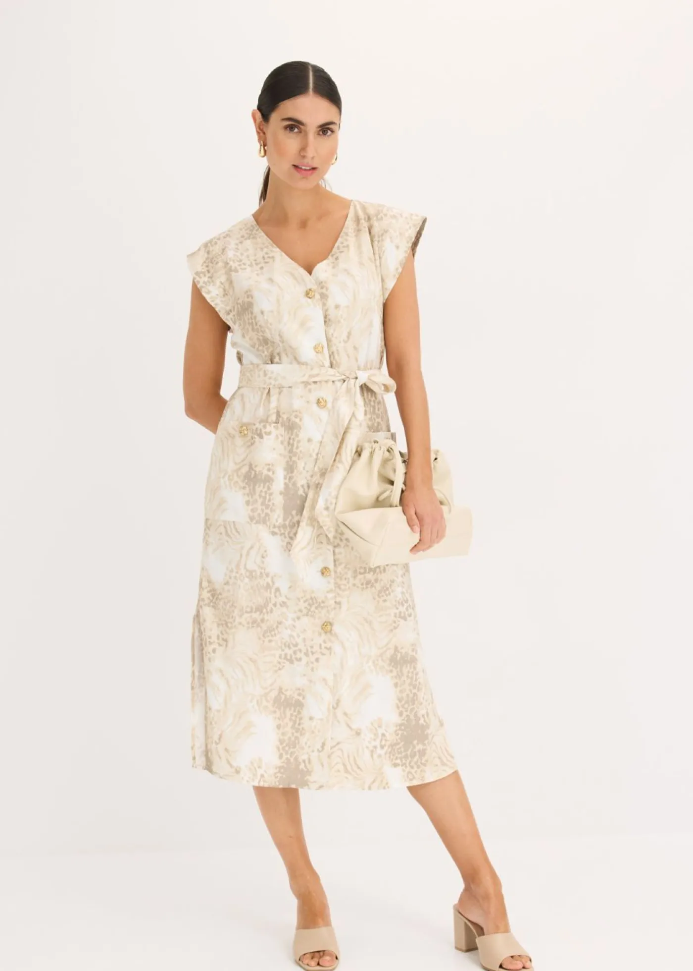 bonprix bonprix Vestido de viscosa con cordón (2 piezas) estampado leo beige Outlet