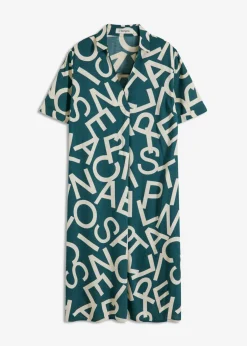 bonprix bonprix Vestido de viscosa fluida Verde pimiento/gris guijarro con estampado de gráfico