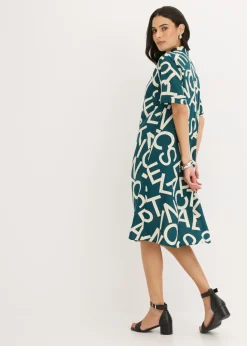 bonprix bonprix Vestido de viscosa fluida Verde pimiento/gris guijarro con estampado de gráfico