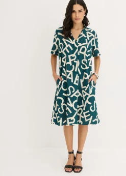 bonprix bonprix Vestido de viscosa fluida Verde pimiento/gris guijarro con estampado de gráfico