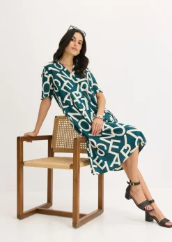 bonprix bonprix Vestido de viscosa fluida Verde pimiento/gris guijarro con estampado de gráfico
