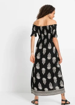 bonprix bonprix Vestido de viscosa fluida con escote bañera Negro/beige con estampado gráfico New