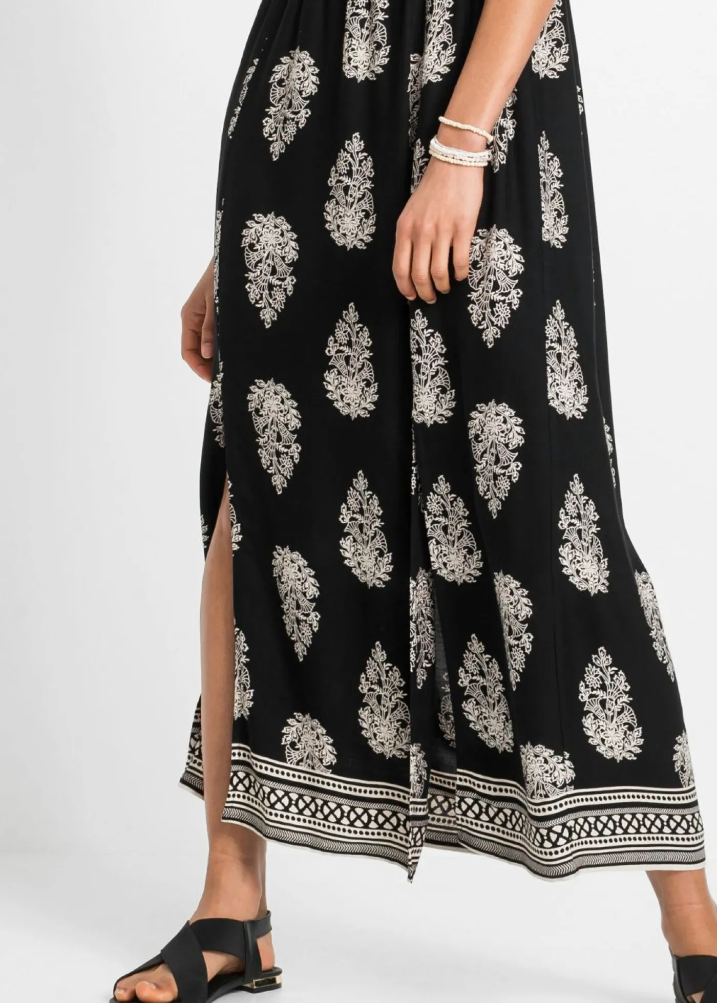 bonprix bonprix Vestido de viscosa fluida con escote bañera Negro/beige con estampado gráfico New