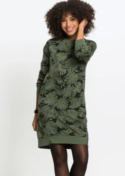 bonprix bonprix Vestido estampado tipo sudadera Verde oliva oscuro-negro estampado Sale