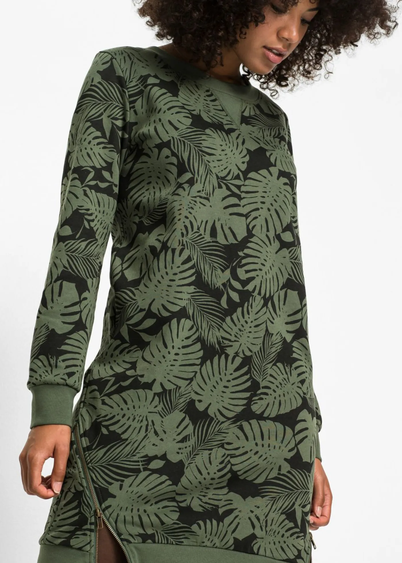 bonprix bonprix Vestido estampado tipo sudadera Verde oliva oscuro-negro estampado Sale