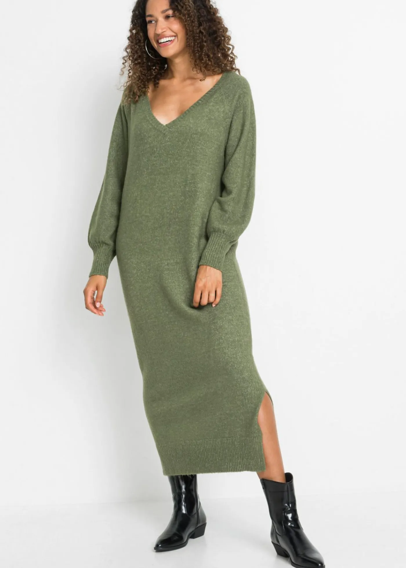 bonprix bonprix Vestido holgado de punto con largo midi Verde oliva oscuro jaspeado Sale