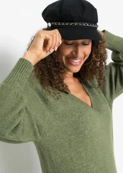 bonprix bonprix Vestido holgado de punto con largo midi Verde oliva oscuro jaspeado Sale
