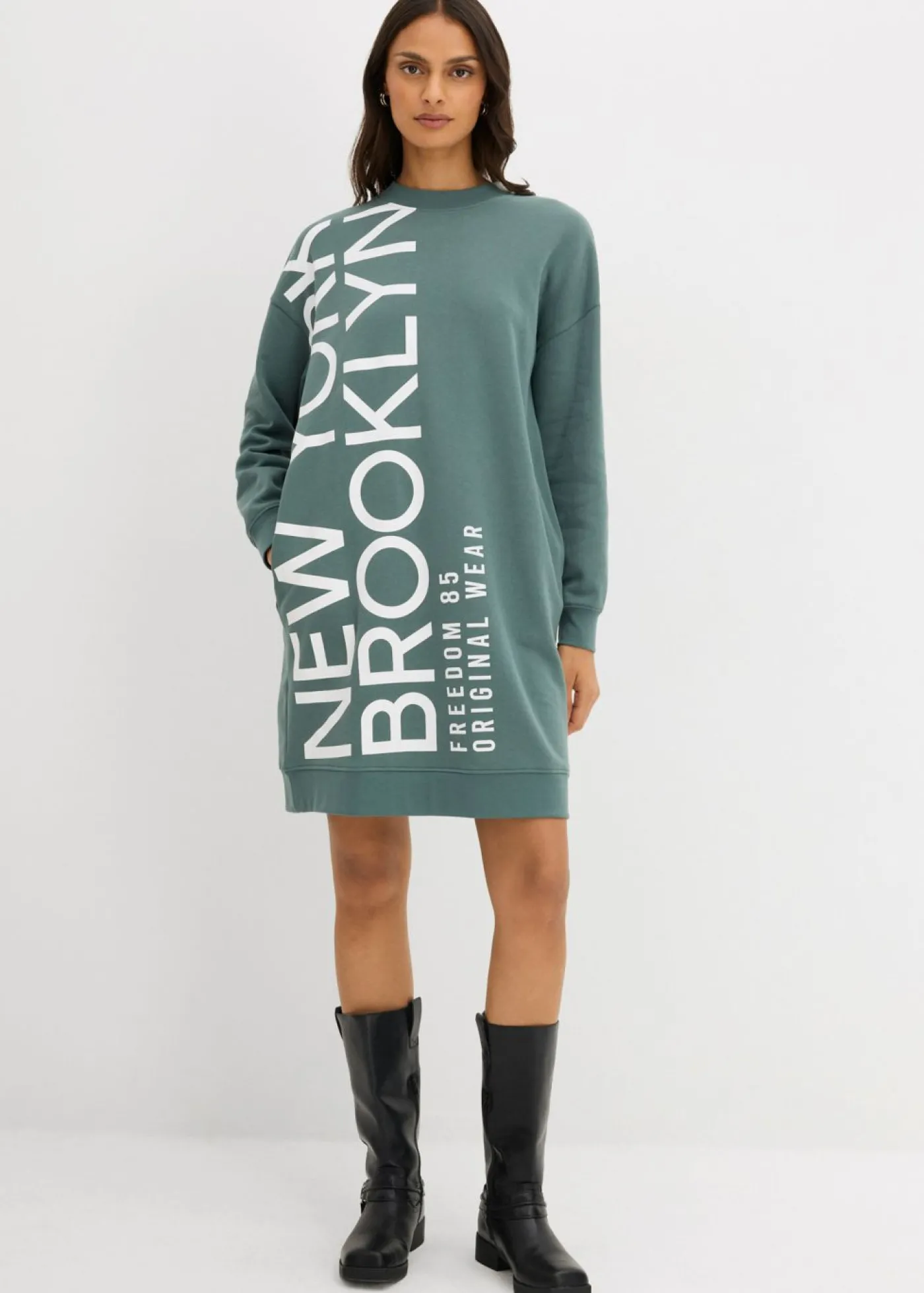 bonprix bonprix Vestido holgado tipo sudadera en suave mezcla de algodón Verde grisáceo Clearance