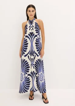bonprix bonprix Vestido largo ancho de viscosa fluida Azul-blanco estampado Clearance