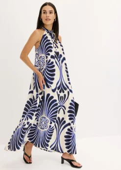 bonprix bonprix Vestido largo ancho de viscosa fluida Azul-blanco estampado Clearance