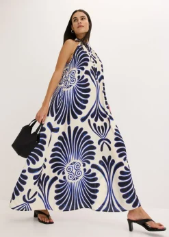 bonprix bonprix Vestido largo ancho de viscosa fluida Azul-blanco estampado Clearance
