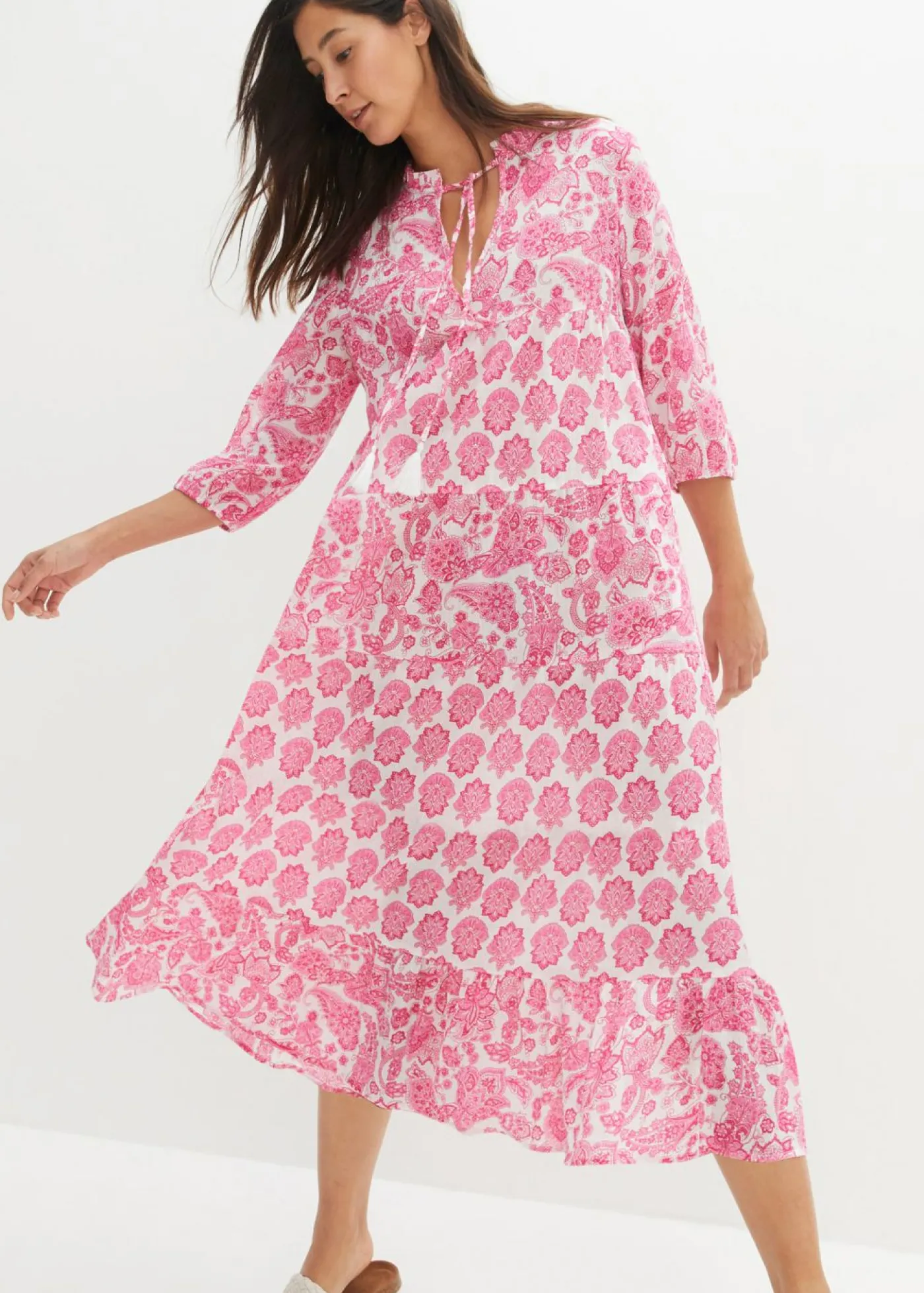 bonprix bonprix Vestido largo arrugado de algodón con bolsillos blanco./rosa pálido/pink lady Discount
