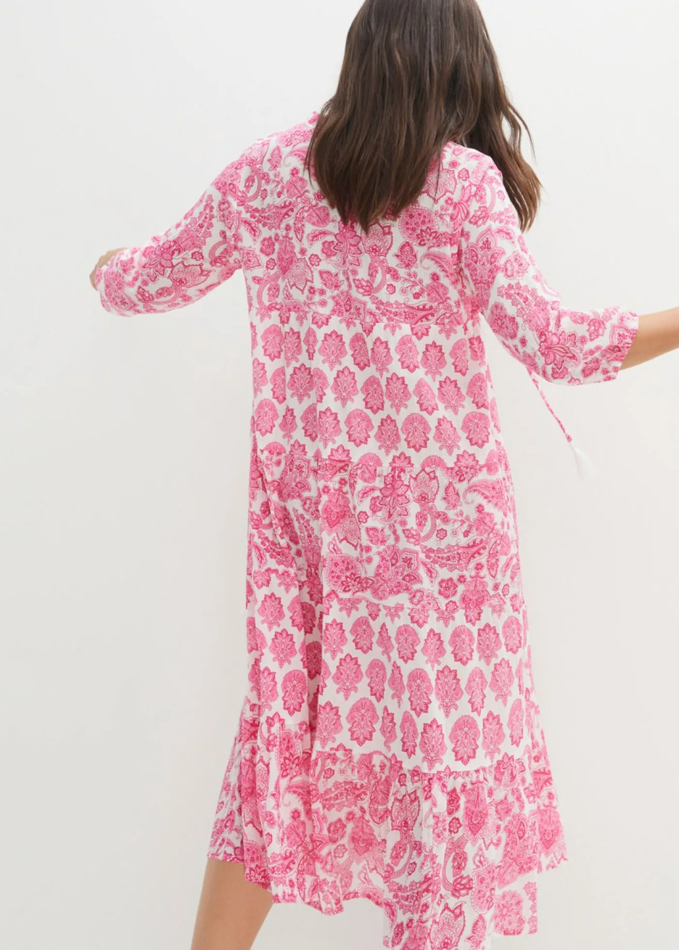 bonprix bonprix Vestido largo arrugado de algodón con bolsillos blanco./rosa pálido/pink lady Discount