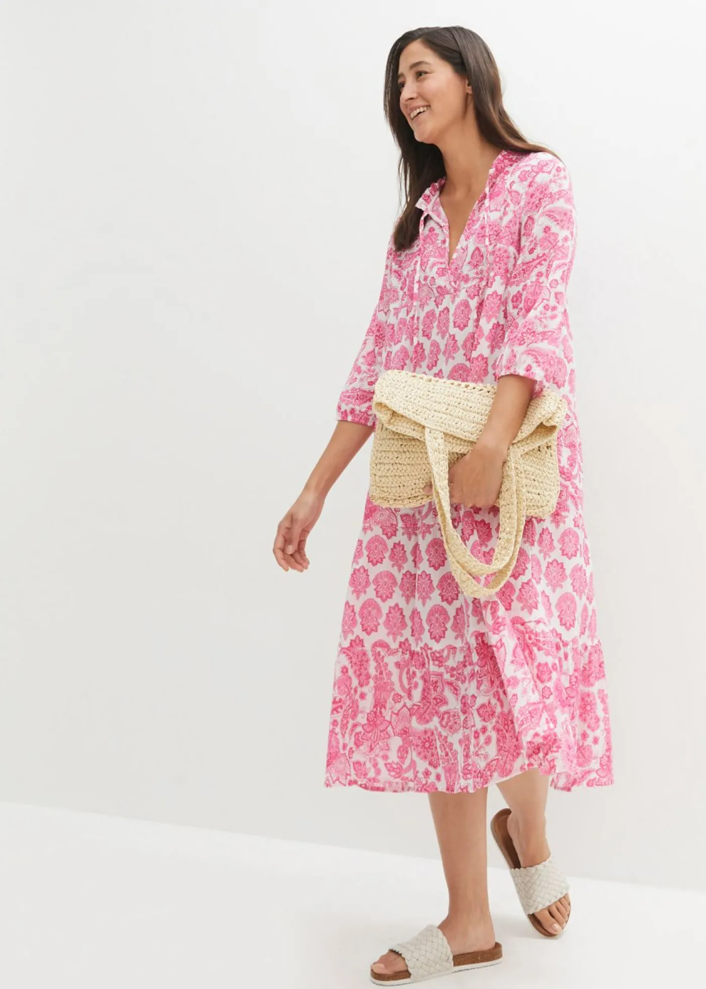 bonprix bonprix Vestido largo arrugado de algodón con bolsillos blanco./rosa pálido/pink lady Discount