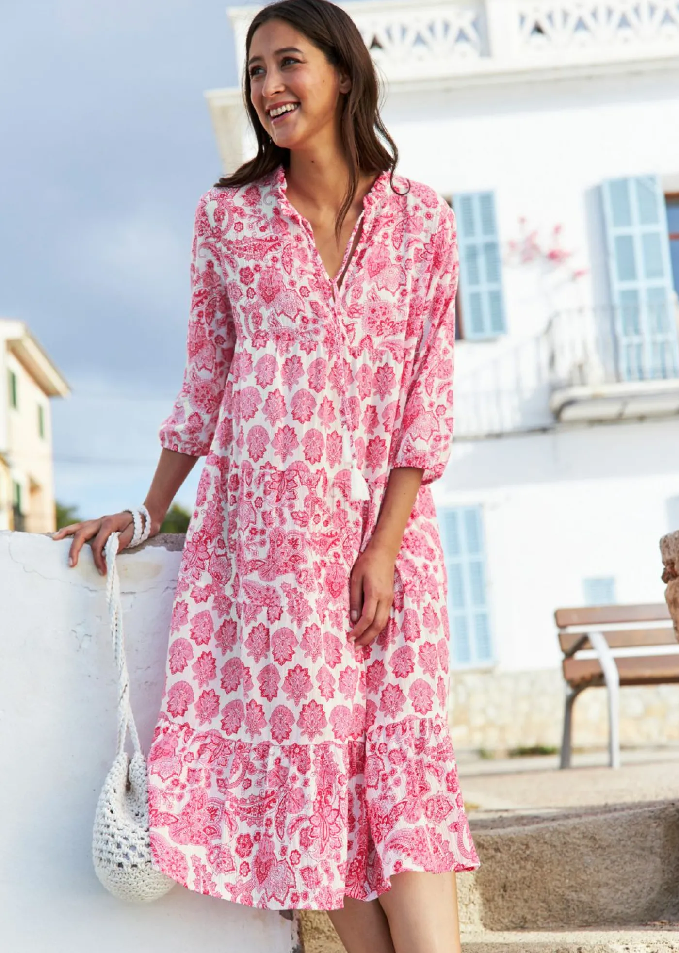 bonprix bonprix Vestido largo arrugado de algodón con bolsillos blanco./rosa pálido/pink lady Discount