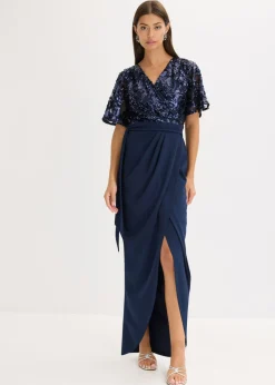 bonprix bonprix Vestido largo con bordado de lentejuelas Azul marino Discount