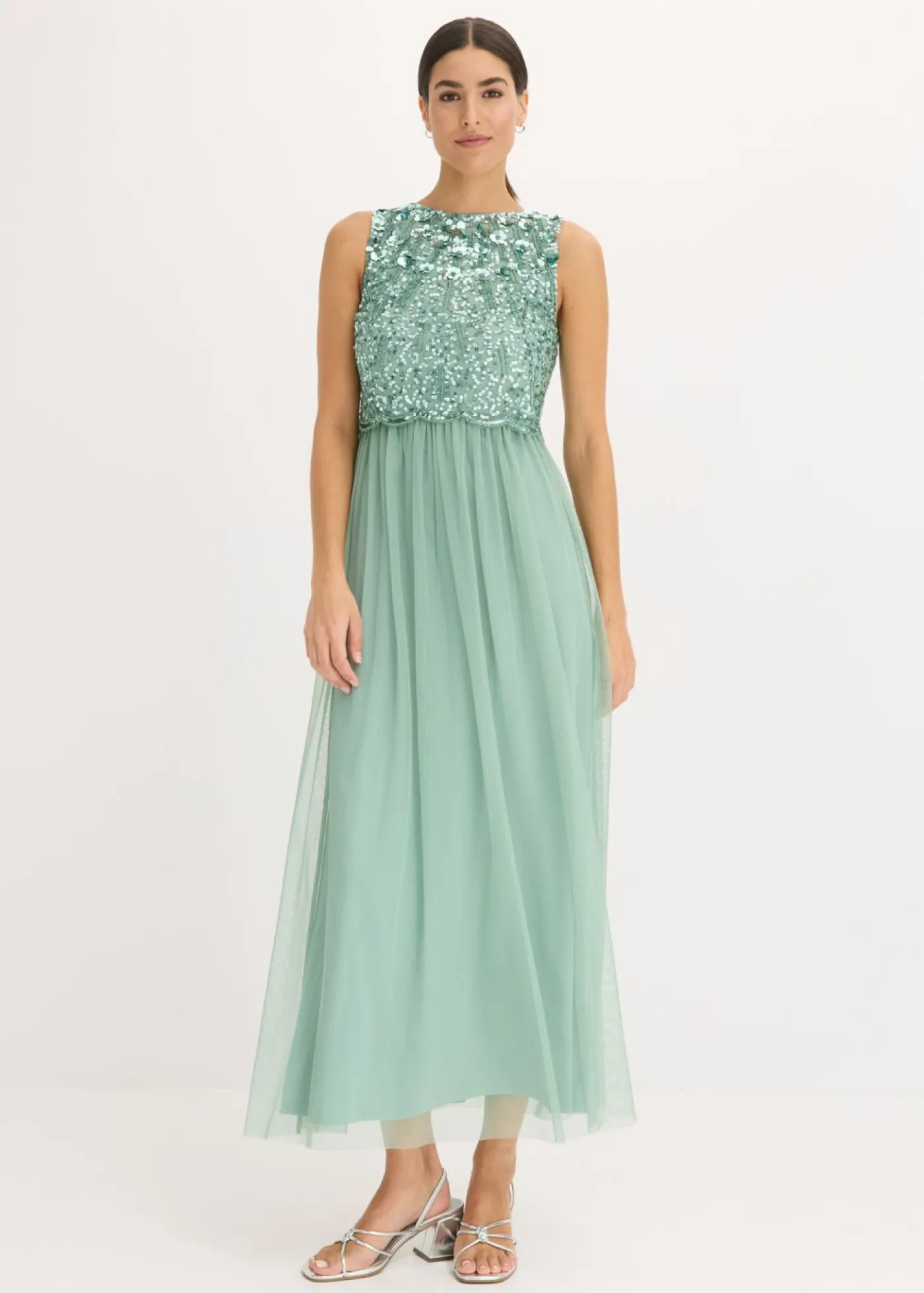 bonprix bonprix Vestido largo con bordado de lentejuelas Verde pastel Sale