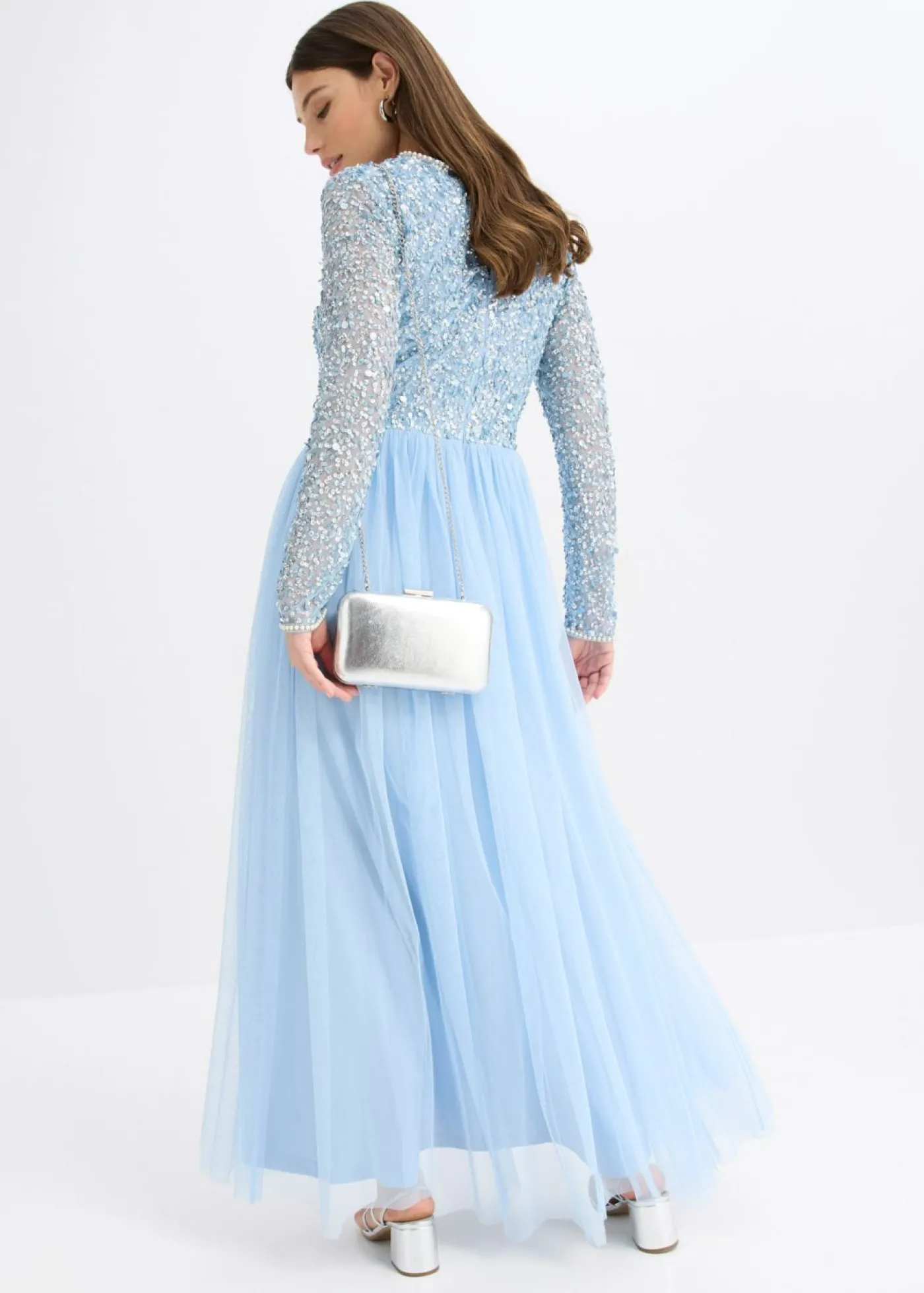 bonprix bonprix Vestido largo con bordado de lentejuelas azul pálido Outlet