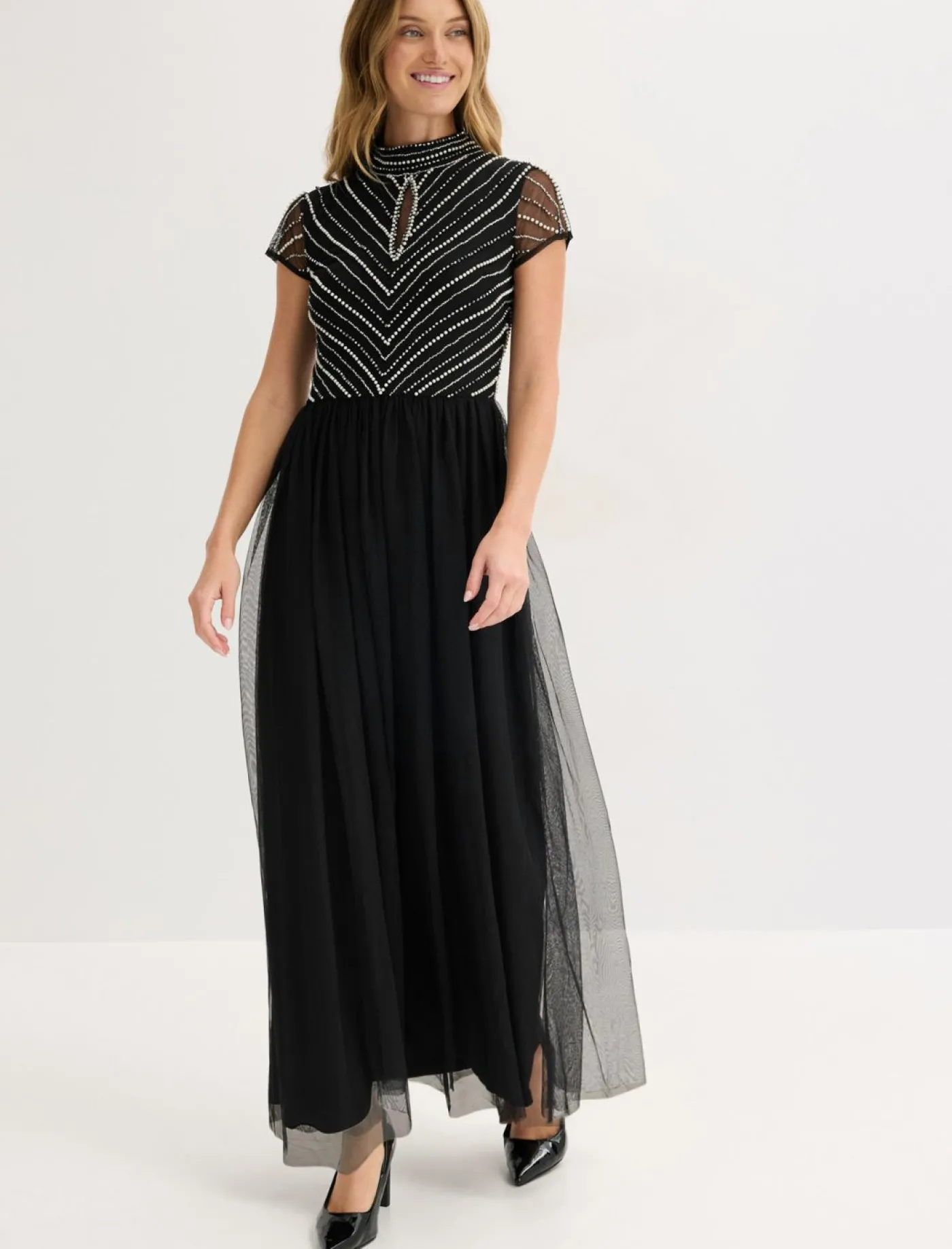 bonprix bonprix Vestido largo con bordado de perlas Negro-plata Sale