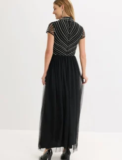 bonprix bonprix Vestido largo con bordado de perlas Negro-plata Sale