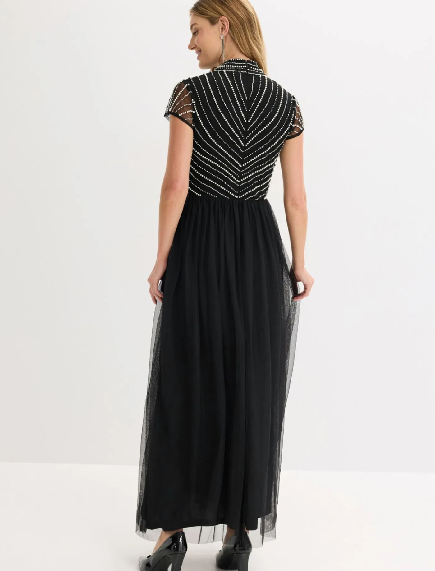 bonprix bonprix Vestido largo con bordado de perlas Negro-plata Sale