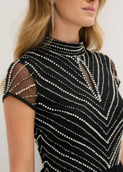 bonprix bonprix Vestido largo con bordado de perlas Negro-plata Sale