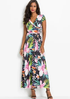 bonprix bonprix Vestido largo con diseño cruzado Negro-verde-rosa de flores Best