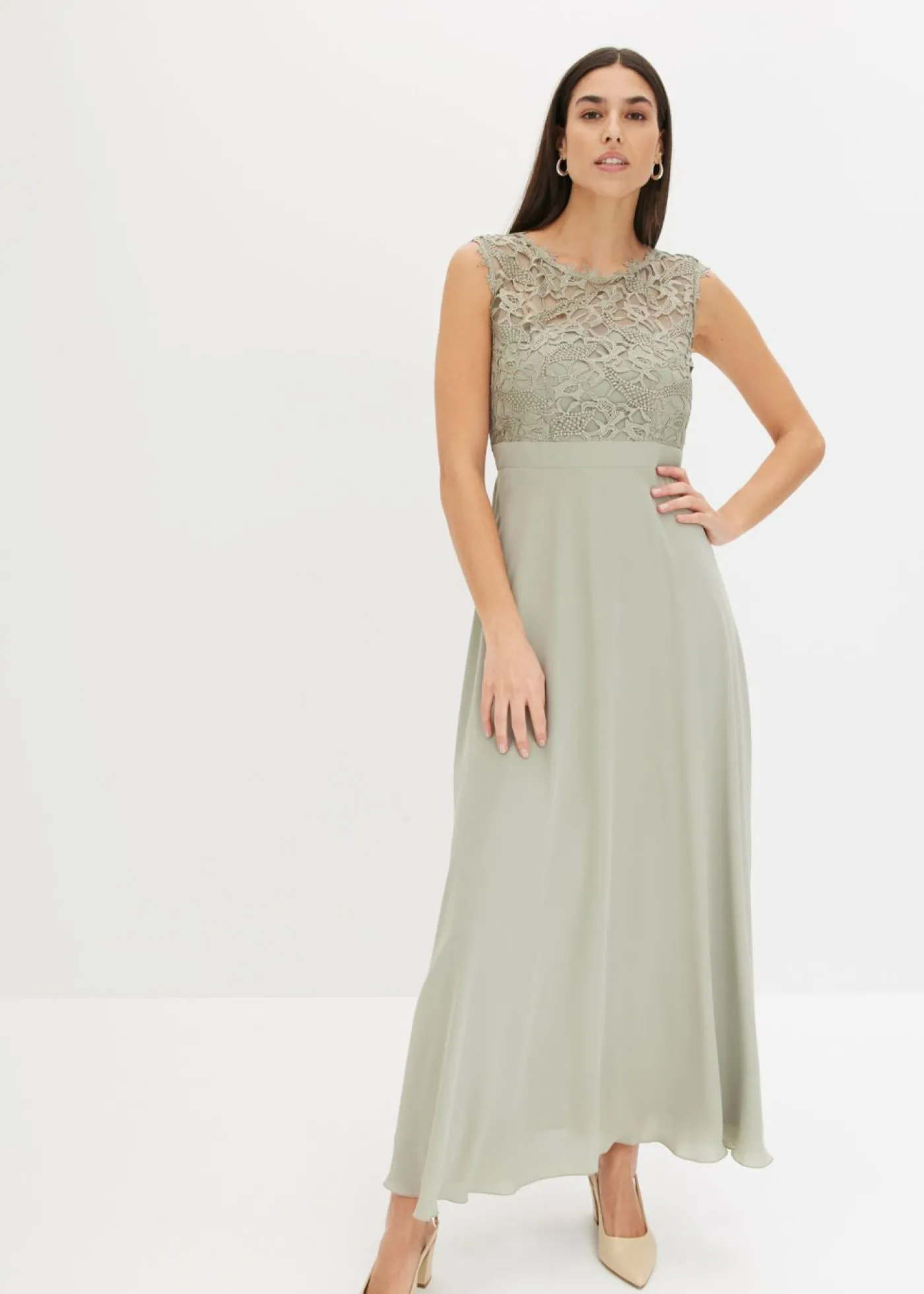 bonprix bonprix Vestido largo con encaje Verde alga