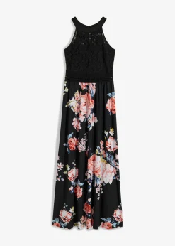 bonprix bonprix Vestido largo con estampado floral y encaje negro/rosa pálido con flores Online